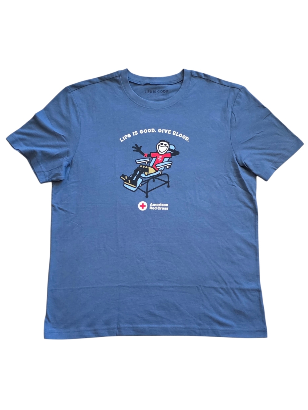 Life Is Good Large Blue American Red Cross Donor Crusher Tee Shirt